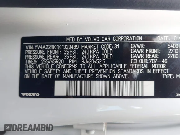 ✅ 2019 Volvo XC60 Momentum • VIN: YV4A22RK1K1329489 • Лот: 45230509. Опубликован ранее на IAAI с пробегом 74 832 миль. Бесплатный доступ к архиву аукционных продаж из США и подробный отчёт об истории автомобиля на DreamBid. Изображение 9.