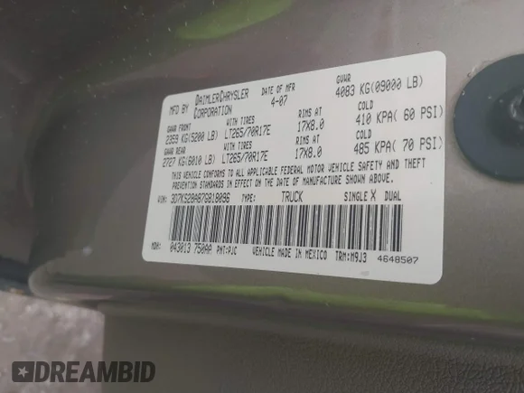 ✅ 2007 Dodge 2500 Laramie • VIN: 3D7KS28A87G818096 • Lot: 40907823. Listed on IAAI with 250,355 mi. Free auction sales archive from the USA and detailed vehicle history report at DreamBid. Image 9.