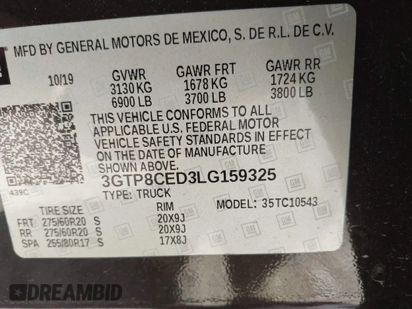 ✅ 2020 GMC Sierra 1500 Elevation • VIN: 3GTP8CED3LG159325 • Lot: 43336428. Wystawiony na IAAI z przebiegiem 87 822 mil. Bezpłatny archiwum sprzedaży aukcyjnych z USA i szczegółowy raport historii pojazdu na DreamBid. Zdjęcie 9.