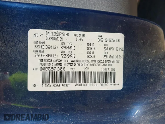 ✅ 2006 Dodge Durango Limited • VIN: 1D4HB58256F134530 • Лот: 42296018. Опубликован ранее на IAAI с пробегом 209 655 миль. Бесплатный доступ к архиву аукционных продаж из США и подробный отчёт об истории автомобиля на DreamBid. Изображение 9.