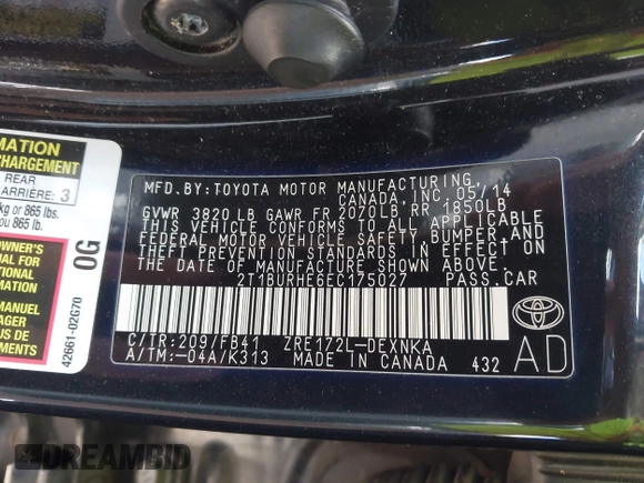 ✅ 2014 Toyota Corolla S Plus • VIN: 2T1BURHE6EC175027 • Lot: 45007260. Wystawiony na IAAI z przebiegiem 206 677 mil. Bezpłatny archiwum sprzedaży aukcyjnych z USA i szczegółowy raport historii pojazdu na DreamBid. Zdjęcie 9.