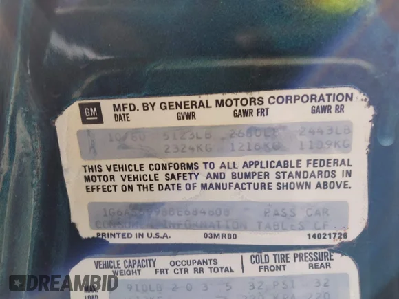 ✅ 1981 Cadillac Seville • VIN: 1G6AS6998BE684808 • Лот: 41778889. Опубліковано раніше на IAAI з пробігом 48 084 миль. Безкоштовний доступ до архіву аукціонних продажів зі США та докладний звіт про історію автомобіля на DreamBid. Зображення 8.