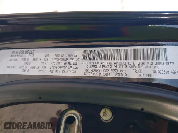 ✅ 2019 Ram 2500 Big Horn • VIN: 3C6UR5DJXKG519053 • Лот: 41558482. Опубліковано раніше на IAAI з пробігом 184 359 миль. Безкоштовний доступ до архіву аукціонних продажів зі США та докладний звіт про історію автомобіля на DreamBid. Зображення 9.