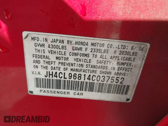 ✅ 2004 Acura TSX • VIN: JH4CL96814C037552 • Лот: 41835494. Опубликован ранее на IAAI с пробегом 168 579 миль. Бесплатный доступ к архиву аукционных продаж из США и подробный отчёт об истории автомобиля на DreamBid. Изображение 9.