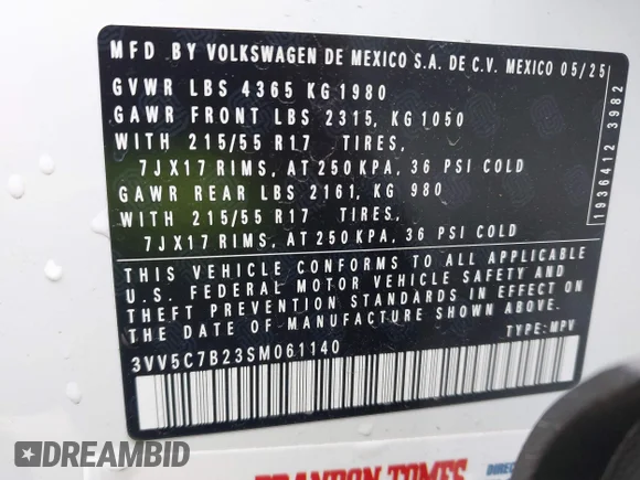 ✅ 2025 Volkswagen Taos S • VIN: 3VV5C7B23SM061140 • Lot: 44446344. Wystawiony na IAAI z przebiegiem 1 499 mil. Bezpłatny archiwum sprzedaży aukcyjnych z USA i szczegółowy raport historii pojazdu na DreamBid. Zdjęcie 9.