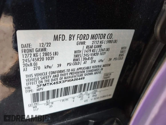 ✅ 2023 Ford Mustang Mach-E GT • VIN: 3FMTK4SX3PMA06449 • Lot: 42909396. Wystawiony na IAAI z przebiegiem 97 046 mil. Bezpłatny archiwum sprzedaży aukcyjnych z USA i szczegółowy raport historii pojazdu na DreamBid. Zdjęcie 9.