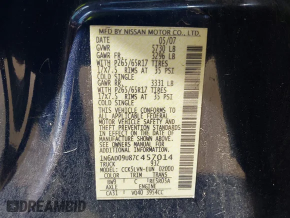 ✅ 2007 Nissan Frontier LE • VIN: 1N6AD09U87C457014 • Lot: 44903445. Wystawiony na IAAI z przebiegiem Nie podano. Bezpłatny archiwum sprzedaży aukcyjnych z USA i szczegółowy raport historii pojazdu na DreamBid. Zdjęcie 9.