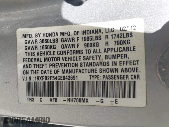 ✅ 2012 Honda Civic LX • VIN: 19XFB2F54CE043691 • Lot: 44926819. Listed on IAAI with 141,325 mi. Free auction sales archive from the USA and detailed vehicle history report at DreamBid. Image 9.
