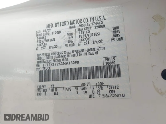 ✅ 2003 Ford F-150 XL • VIN: 1FTRX17263NA18090 • Лот: 44893465. Опубліковано раніше на IAAI з пробігом 139 138 миль. Безкоштовний доступ до архіву аукціонних продажів зі США та докладний звіт про історію автомобіля на DreamBid. Зображення 9.