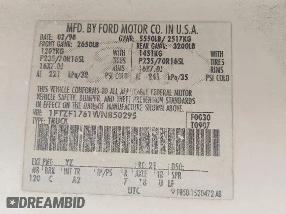 ✅ 1998 Ford F-150 • VIN: 1FTZF1761WNB50295 • Лот: 45502312. Опубликован ранее на IAAI с пробегом 194 084 миль. Бесплатный доступ к архиву аукционных продаж из США и подробный отчёт об истории автомобиля на DreamBid. Изображение 9.