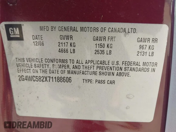 ✅ 2007 Buick LaCrosse CX • VIN: 2G4WC582X71188606 • Lot: 44872229. Wystawiony na IAAI z przebiegiem 117 824 mil. Bezpłatny archiwum sprzedaży aukcyjnych z USA i szczegółowy raport historii pojazdu na DreamBid. Zdjęcie 9.
