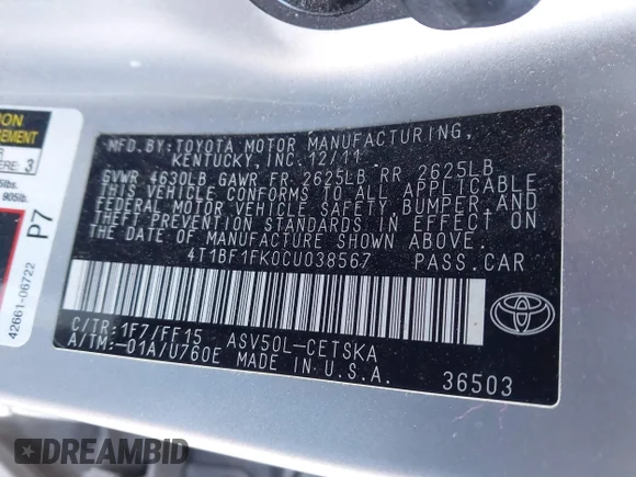 ✅ 2012 Toyota Camry SE • VIN: 4T1BF1FK0CU038567 • Lot: 44192600. Listed on IAAI with 136,409 mi. Free auction sales archive from the USA and detailed vehicle history report at DreamBid. Image 9.