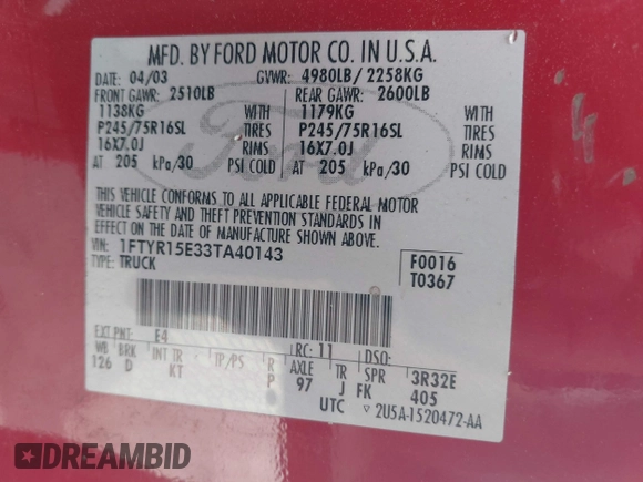 ✅ 2003 Ford Ranger XL Fleet • VIN: 1FTYR15E33TA40143 • Лот: 42382610. Опубликован ранее на IAAI с пробегом 144 994 миль. Бесплатный доступ к архиву аукционных продаж из США и подробный отчёт об истории автомобиля на DreamBid. Изображение 9.