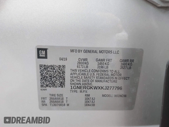 ✅ 2019 Chevrolet Traverse LT Cloth • VIN: 1GNERGKWXKJ277796 • Lot: 43721587. Wystawiony na IAAI z przebiegiem 208 706 mil. Bezpłatny archiwum sprzedaży aukcyjnych z USA i szczegółowy raport historii pojazdu na DreamBid. Zdjęcie 9.