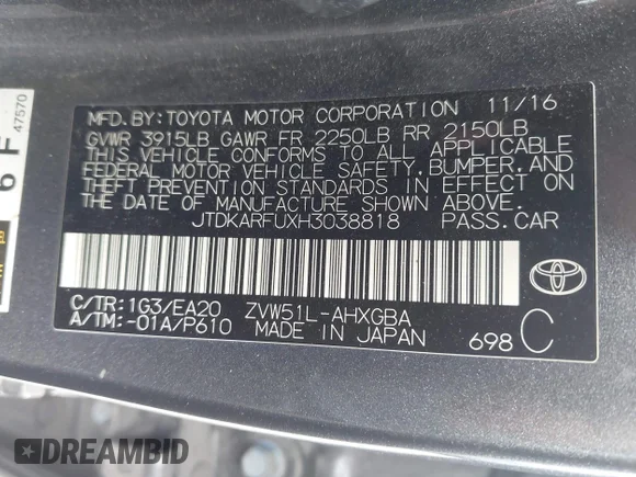 ✅ 2017 Toyota Prius Four • VIN: JTDKARFUXH3038818 • Lot: 45086073. Listed on IAAI with 189,399 mi. Free auction sales archive from the USA and detailed vehicle history report at DreamBid. Image 9.