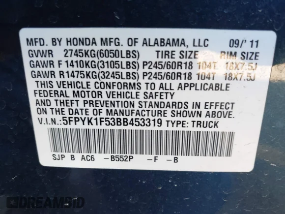 ✅ 2011 Honda Ridgeline RTL • VIN: 5FPYK1F53BB453319 • Lot: 43486447. Listed on IAAI with 89,731 mi. Free auction sales archive from the USA and detailed vehicle history report at DreamBid. Image 9.
