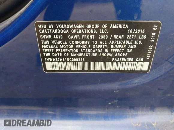 ✅ 2016 Volkswagen Passat S • VIN: 1VWAS7A31GC009246 • Lot: 44819650. Wystawiony na IAAI z przebiegiem 105 403 mil. Bezpłatny archiwum sprzedaży aukcyjnych z USA i szczegółowy raport historii pojazdu na DreamBid. Zdjęcie 9.