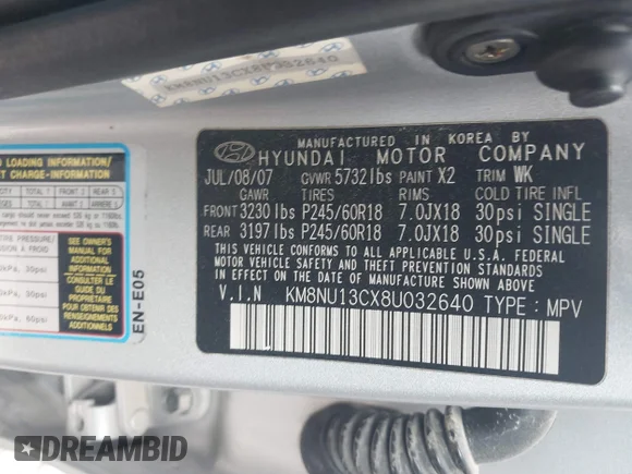 ✅ 2008 Hyundai Veracruz GLS • VIN: KM8NU13CX8U032640 • Lot: 44767399. Wystawiony na IAAI z przebiegiem 193 488 mil. Bezpłatny archiwum sprzedaży aukcyjnych z USA i szczegółowy raport historii pojazdu na DreamBid. Zdjęcie 9.