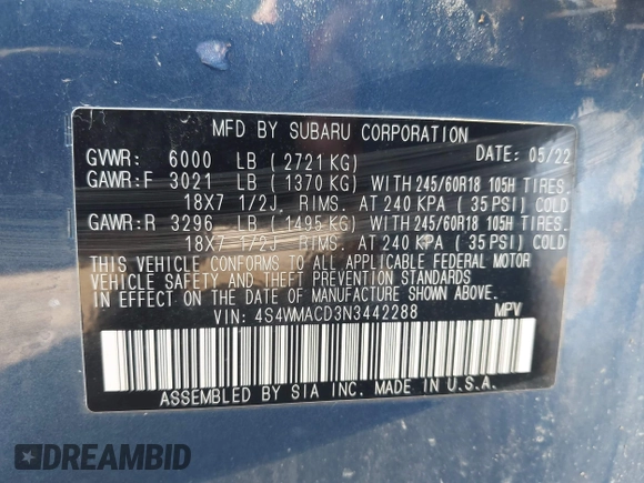✅ 2022 Subaru Ascent Premium • VIN: 4S4WMACD3N3442288 • Lot: 42551645. Wystawiony na IAAI z przebiegiem 68 810 mil. Bezpłatny archiwum sprzedaży aukcyjnych z USA i szczegółowy raport historii pojazdu na DreamBid. Zdjęcie 9.