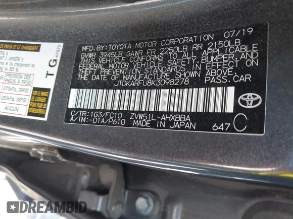 ✅ 2019 Toyota Prius L Eco • VIN: JTDKARFU8K3098278 • Lot: 42390288. Wystawiony na IAAI z przebiegiem 106 597 mil. Bezpłatny archiwum sprzedaży aukcyjnych z USA i szczegółowy raport historii pojazdu na DreamBid. Zdjęcie 9.