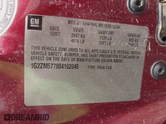 ✅ 2008 Pontiac G6 GXP • VIN: 1G2ZM577884192045 • Лот: 43545507. Опубліковано раніше на IAAI з пробігом 148 538 миль. Безкоштовний доступ до архіву аукціонних продажів зі США та докладний звіт про історію автомобіля на DreamBid. Зображення 9.