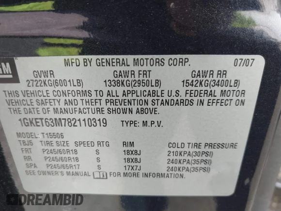 ✅ 2008 GMC Envoy Denali • VIN: 1GKET63M782110319 • Lot: 43178237. Listed on IAAI with Not provided. Free auction sales archive from the USA and detailed vehicle history report at DreamBid. Image 9.