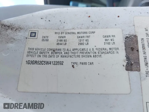 ✅ 1998 Oldsmobile Aurora • VIN: 1G3GR62C5W4122692 • Lot: 45183989. Wystawiony na IAAI z przebiegiem 184 416 mil. Bezpłatny archiwum sprzedaży aukcyjnych z USA i szczegółowy raport historii pojazdu na DreamBid. Zdjęcie 9.