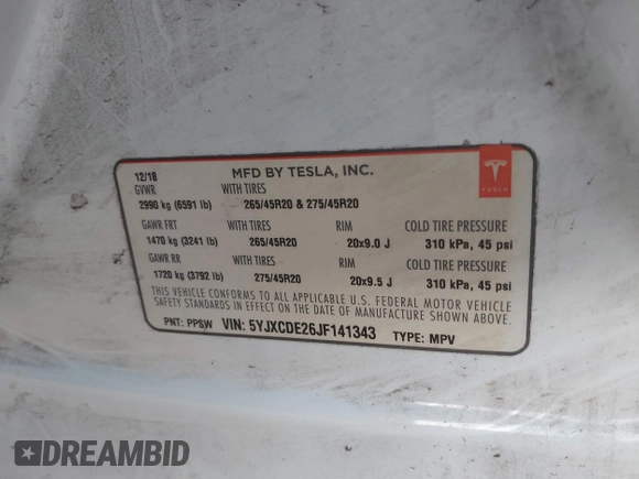 ✅ 2018 Tesla Model X 75D • VIN: 5YJXCDE26JF141343 • Lot: 43722978. Wystawiony na IAAI z przebiegiem 67 390 mil. Bezpłatny archiwum sprzedaży aukcyjnych z USA i szczegółowy raport historii pojazdu na DreamBid. Zdjęcie 9.