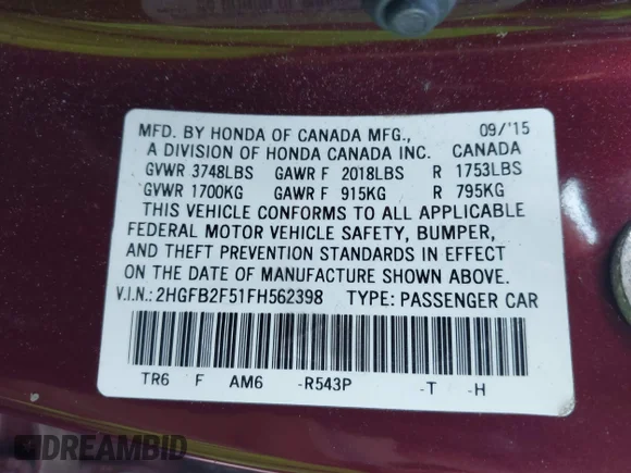 ✅ 2015 Honda Civic LX • VIN: 2HGFB2F51FH562398 • Lot: 44289514. Wystawiony na IAAI z przebiegiem 141 734 mil. Bezpłatny archiwum sprzedaży aukcyjnych z USA i szczegółowy raport historii pojazdu na DreamBid. Zdjęcie 9.