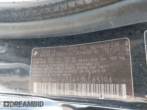 ✅ 2003 BMW 3 Series 325i • VIN: WBAEV33433KL85194 • Лот: 42827615. Опубліковано раніше на IAAI з пробігом Не вказано. Безкоштовний доступ до архіву аукціонних продажів зі США та докладний звіт про історію автомобіля на DreamBid. Зображення 9.
