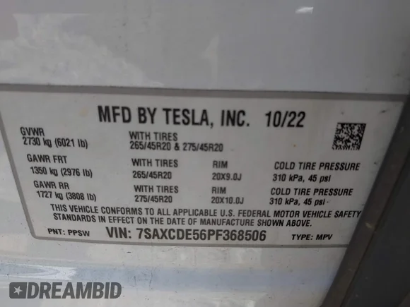 ✅ 2023 Tesla Model X • VIN: 7SAXCDE56PF368506 • Лот: 42847390. Опубліковано раніше на IAAI з пробігом 26 419 миль. Безкоштовний доступ до архіву аукціонних продажів зі США та докладний звіт про історію автомобіля на DreamBid. Зображення 9.