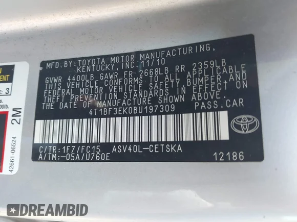 ✅ 2011 Toyota Camry LE • VIN: 4T1BF3EK0BU197309 • Lot: 45390442. Wystawiony na IAAI z przebiegiem 181 377 mil. Bezpłatny archiwum sprzedaży aukcyjnych z USA i szczegółowy raport historii pojazdu na DreamBid. Zdjęcie 9.