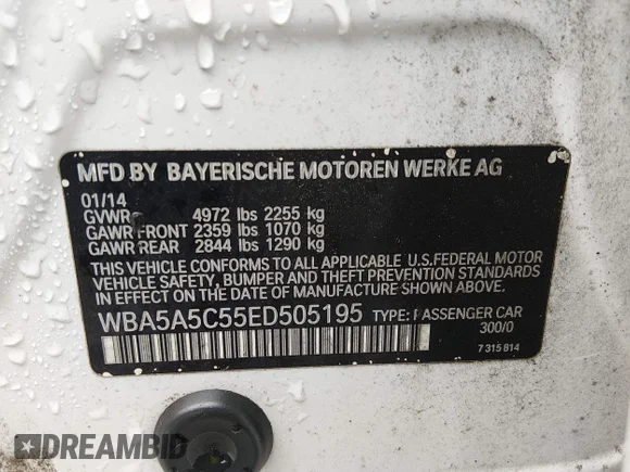 ✅ 2014 BMW 5 Series 528i • VIN: WBA5A5C55ED505195 • Lot: 44499492. Listed on IAAI with 128,001 mi. Free auction sales archive from the USA and detailed vehicle history report at DreamBid. Image 9.