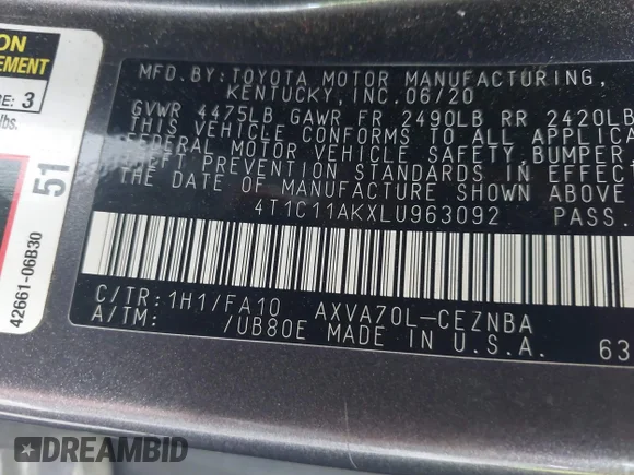 ✅ 2020 Toyota Camry LE • VIN: 4T1C11AKXLU963092 • Lot: 43956338. Wystawiony na IAAI z przebiegiem 131 362 mil. Bezpłatny archiwum sprzedaży aukcyjnych z USA i szczegółowy raport historii pojazdu na DreamBid. Zdjęcie 9.