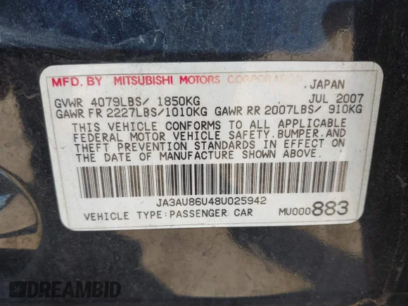 ✅ 2008 Mitsubishi Lancer GTS • VIN: JA3AU86U48U025942 • Lot: 44620350. Wystawiony na IAAI z przebiegiem 179 310 mil. Bezpłatny archiwum sprzedaży aukcyjnych z USA i szczegółowy raport historii pojazdu na DreamBid. Zdjęcie 9.