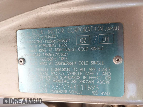 ✅ 2004 Suzuki XL7 LX • VIN: JS3TX92V744111893 • Лот: 44806592. Опубліковано раніше на IAAI з пробігом 158 544 миль. Безкоштовний доступ до архіву аукціонних продажів зі США та докладний звіт про історію автомобіля на DreamBid. Зображення 9.