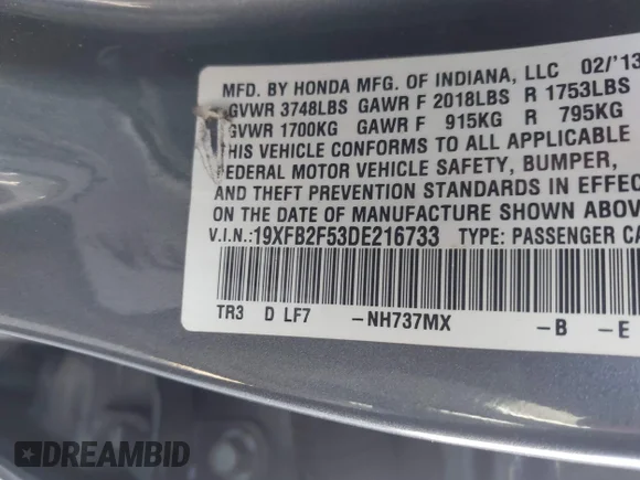 ✅ 2013 Honda Civic LX • VIN: 19XFB2F53DE216733 • Lot: 44332420. Wystawiony na IAAI z przebiegiem 134 890 mil. Bezpłatny archiwum sprzedaży aukcyjnych z USA i szczegółowy raport historii pojazdu na DreamBid. Zdjęcie 9.