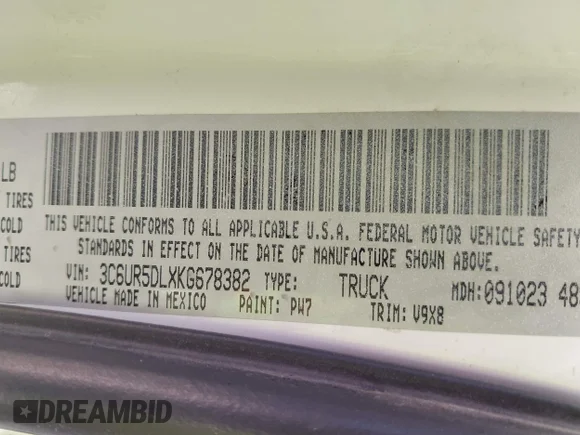 ✅ 2019 Ram 2500 Big Horn • VIN: 3C6UR5DLXKG678382 • Lot: 44570337. Wystawiony na IAAI z przebiegiem 146 310 mil. Bezpłatny archiwum sprzedaży aukcyjnych z USA i szczegółowy raport historii pojazdu na DreamBid. Zdjęcie 9.