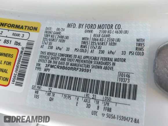 ✅ 2024 Ford Bronco Sport Big Bend • VIN: 3FMCR9B60RRF39591 • Lot: 41898739. Wystawiony na IAAI z przebiegiem 3 000 mil. Bezpłatny archiwum sprzedaży aukcyjnych z USA i szczegółowy raport historii pojazdu na DreamBid. Zdjęcie 9.