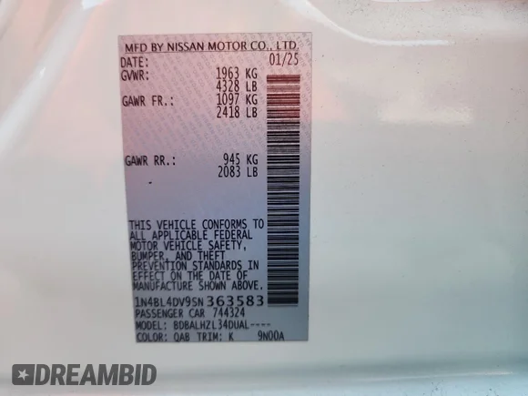 ✅ 2025 Nissan Altima SV • VIN: 1N4BL4DV9SN363583 • Lot: 74588135. Wystawiony na Copart z przebiegiem Nie podano. Bezpłatny archiwum sprzedaży aukcyjnych z USA i szczegółowy raport historii pojazdu na DreamBid. Zdjęcie 12.