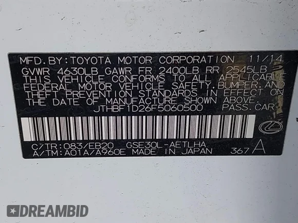 ✅ 2015 Lexus IS 250 • VIN: JTHBF1D26F5060500 • Lot: 41309713. Listed on IAAI with 137,620 mi. Free auction sales archive from the USA and detailed vehicle history report at DreamBid. Image 9.