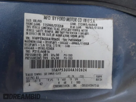 ✅ 2004 Ford Taurus SE • VIN: 1FAFP53UX4A102624 • Lot: 45084906. Wystawiony na IAAI z przebiegiem 241 707 mil. Bezpłatny archiwum sprzedaży aukcyjnych z USA i szczegółowy raport historii pojazdu na DreamBid. Zdjęcie 9.