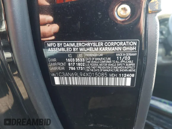 ✅ 2004 Chrysler Crossfire • VIN: 1C3AN69L94X015085 • Lot: 41783831. Listed on IAAI with 142,970 mi. Free auction sales archive from the USA and detailed vehicle history report at DreamBid. Image 9.