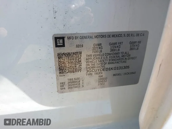 ✅ 2019 Chevrolet Silverado 1500 LT • VIN: 3GCUYDED1KG131305 • Lot: 44291801. Wystawiony na IAAI z przebiegiem 124 924 mil. Bezpłatny archiwum sprzedaży aukcyjnych z USA i szczegółowy raport historii pojazdu na DreamBid. Zdjęcie 9.