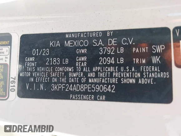 ✅ 2023 Kia Forte LXS • VIN: 3KPF24AD8PE590642 • Lot: 45393994. Wystawiony na IAAI z przebiegiem 29 543 mil. Bezpłatny archiwum sprzedaży aukcyjnych z USA i szczegółowy raport historii pojazdu na DreamBid. Zdjęcie 9.
