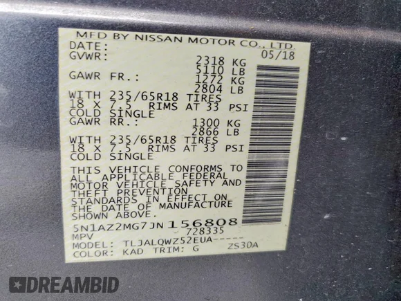 ✅ 2018 Nissan Murano S • VIN: 5N1AZ2MG7JN156808 • Lot: 48907196. Wystawiony na Copart z przebiegiem 84 923 mil. Bezpłatny archiwum sprzedaży aukcyjnych z USA i szczegółowy raport historii pojazdu na DreamBid. Zdjęcie 14.