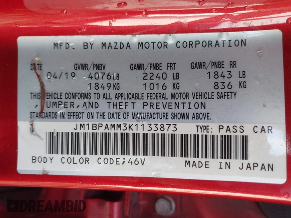 ✅ 2019 Mazda 3 Preferred • VIN: JM1BPAMM3K1133873 • Lot: 43550602. Wystawiony na IAAI z przebiegiem 131 176 mil. Bezpłatny archiwum sprzedaży aukcyjnych z USA i szczegółowy raport historii pojazdu na DreamBid. Zdjęcie 9.