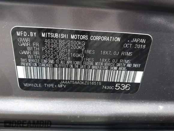 ✅ 2019 Mitsubishi Eclipse Cross SE • VIN: JA4AT5AA0KZ016515 • Лот: 43173399. Опубликован ранее на IAAI с пробегом 22 883 миль. Бесплатный доступ к архиву аукционных продаж из США и подробный отчёт об истории автомобиля на DreamBid. Изображение 9.