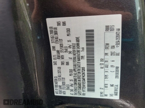 ✅ 2015 Ford F-150 Lariat • VIN: 1FTEW1EG4FKD67285 • Lot: 79582255. Wystawiony na Copart z przebiegiem 273 263 mil. Bezpłatny archiwum sprzedaży aukcyjnych z USA i szczegółowy raport historii pojazdu na DreamBid. Zdjęcie 12.