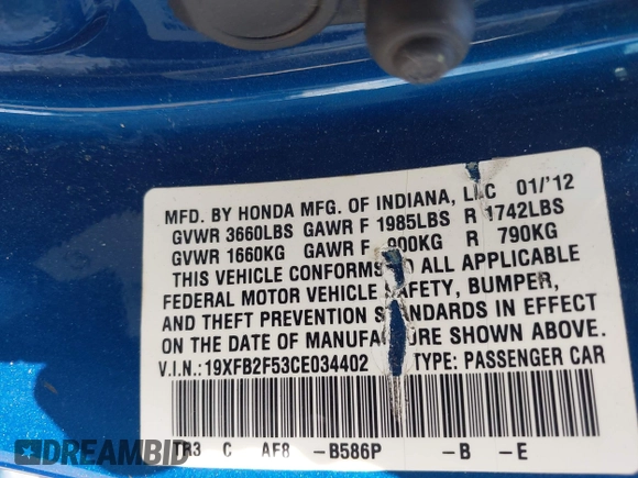 ✅ 2012 Honda Civic LX • VIN: 19XFB2F53CE034402 • Lot: 44888801. Wystawiony na IAAI z przebiegiem 117 080 mil. Bezpłatny archiwum sprzedaży aukcyjnych z USA i szczegółowy raport historii pojazdu na DreamBid. Zdjęcie 9.